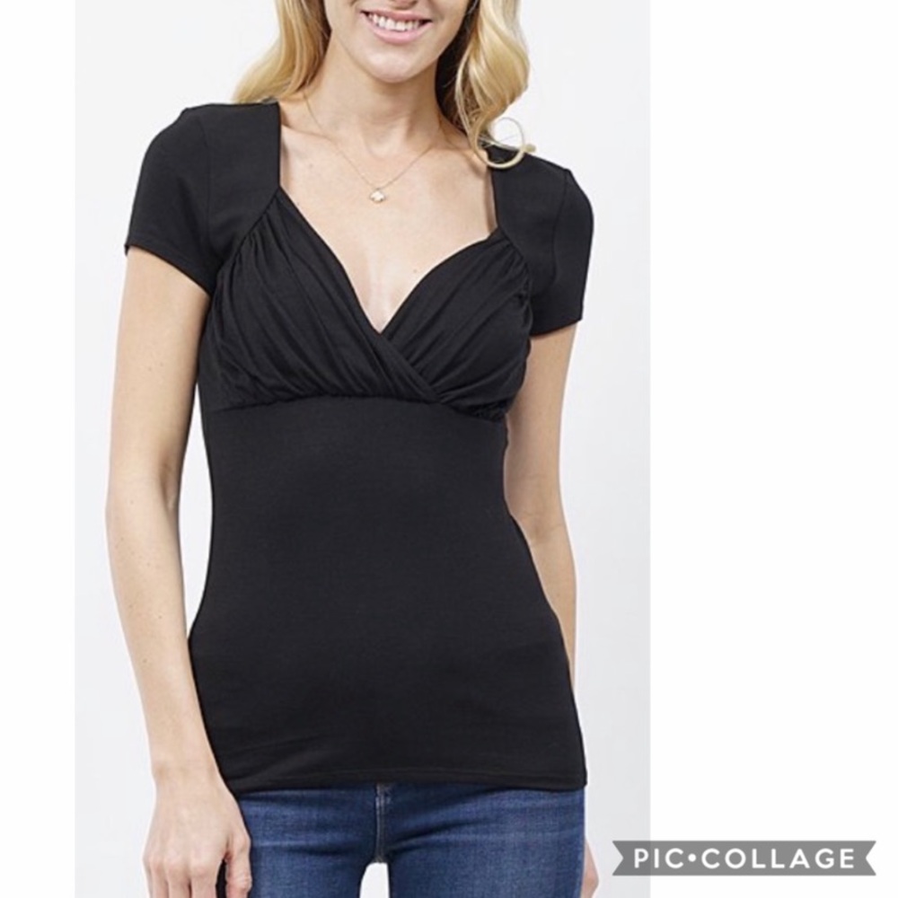 Black Plunge-Neck Short Sleeve Surplice Top, S